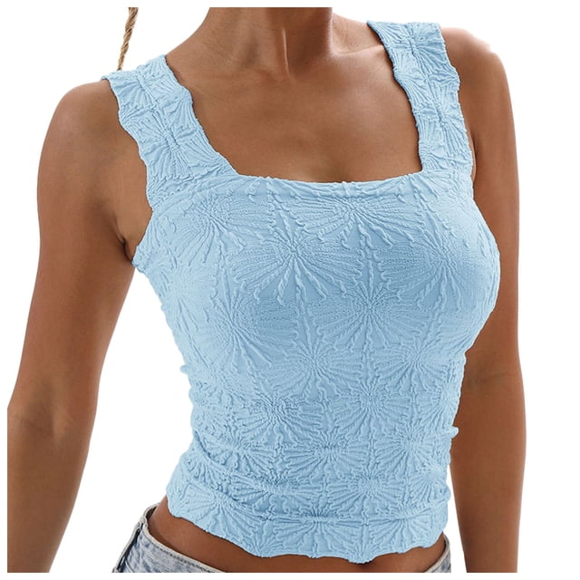 TSADFHJI Womens Square Neck Ribbed Tank Tops Sleeveless Crop Tops Summer Clothes Bras for Women Plus Size Bodysuit Bras for Women Plus Size Blue with Matching Robe Womens Bras Plus Size Blue S