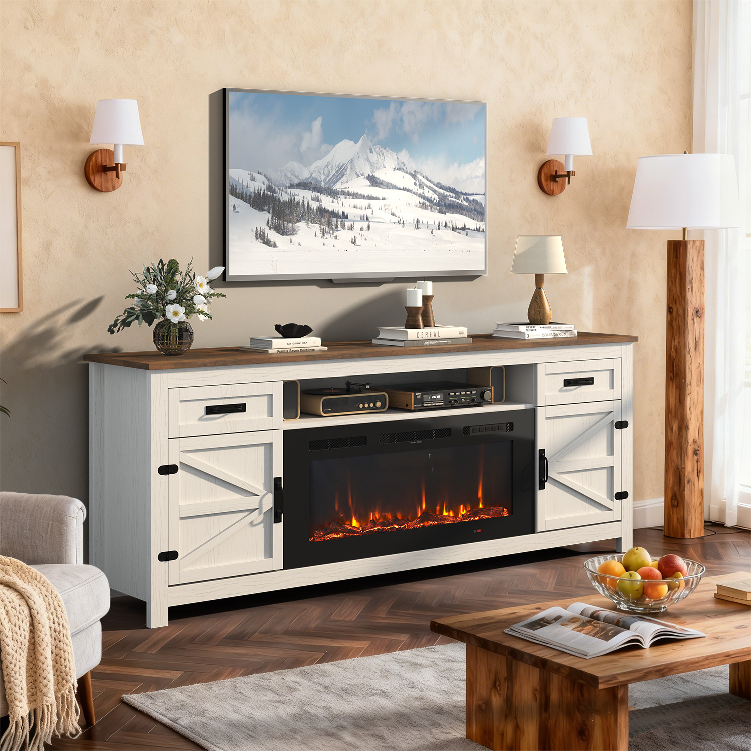 BaPiPro 70" Electric Fireplace TV Stand, Farmhouse Entertainment Center for TVs up to 80" with Storage Drawers, White