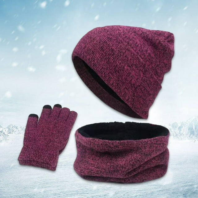 1 Set Unisex Hat Gloves Scarf Solid Color Touch Screen Sweat Absorption Autumn Winter Knitted Beanies Cap for Daily Wear