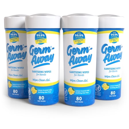 Germ-Away Sanitizing Hand Wipes Canister Fits Cup Holder Lemon Scent 80 Count Each 4 Pack Travel Car & On-the-Go