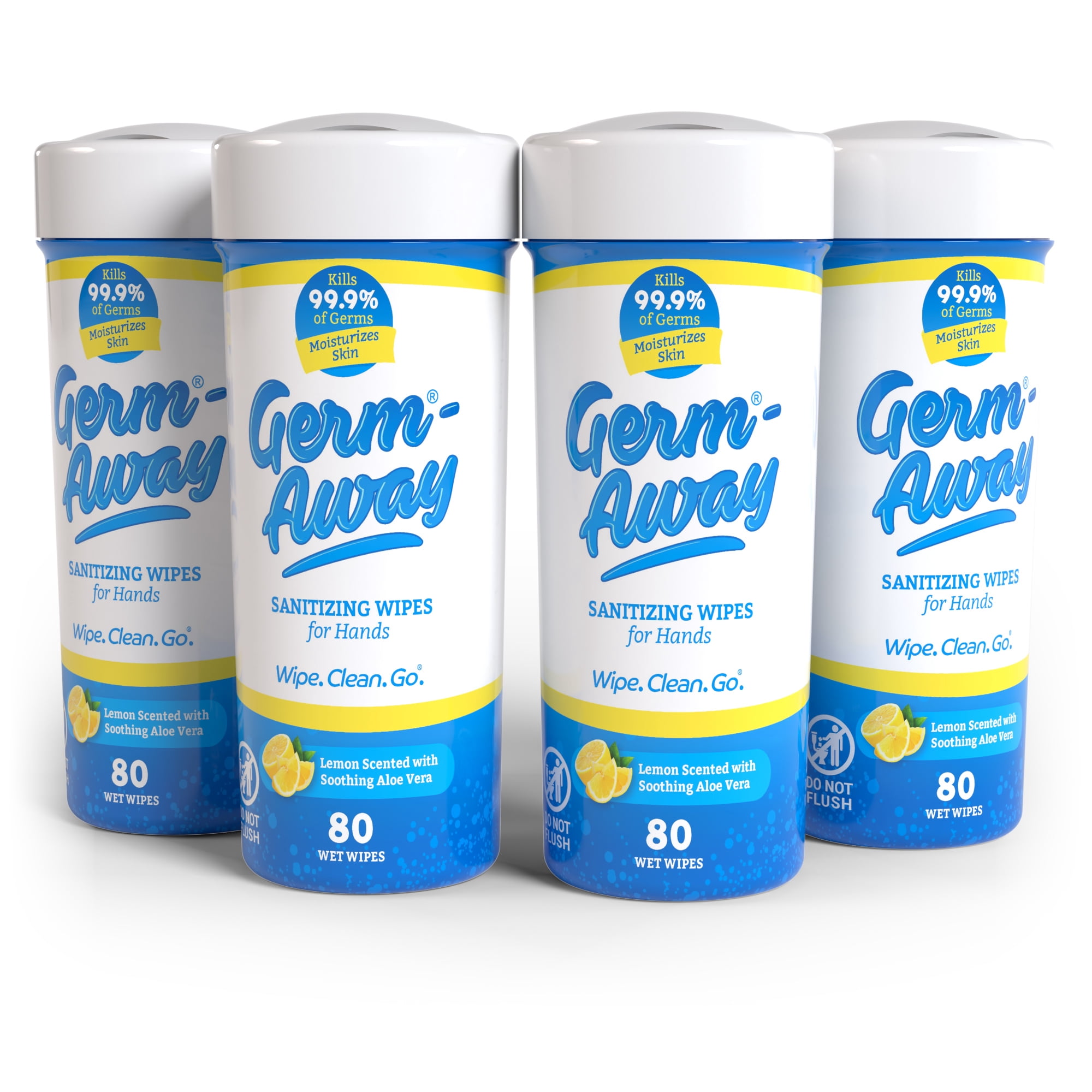 Germ-Away Sanitizing Hand Wipes Canister Fits Cup Holder Lemon Scent 80 Count Each 4 Pack Travel Car & On-the-Go