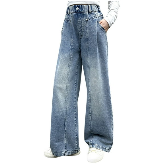 Teen Girls Clothes Jeans Straight Leg Elastic High Waisted Loose Casual Denim Pants 5-16 Years