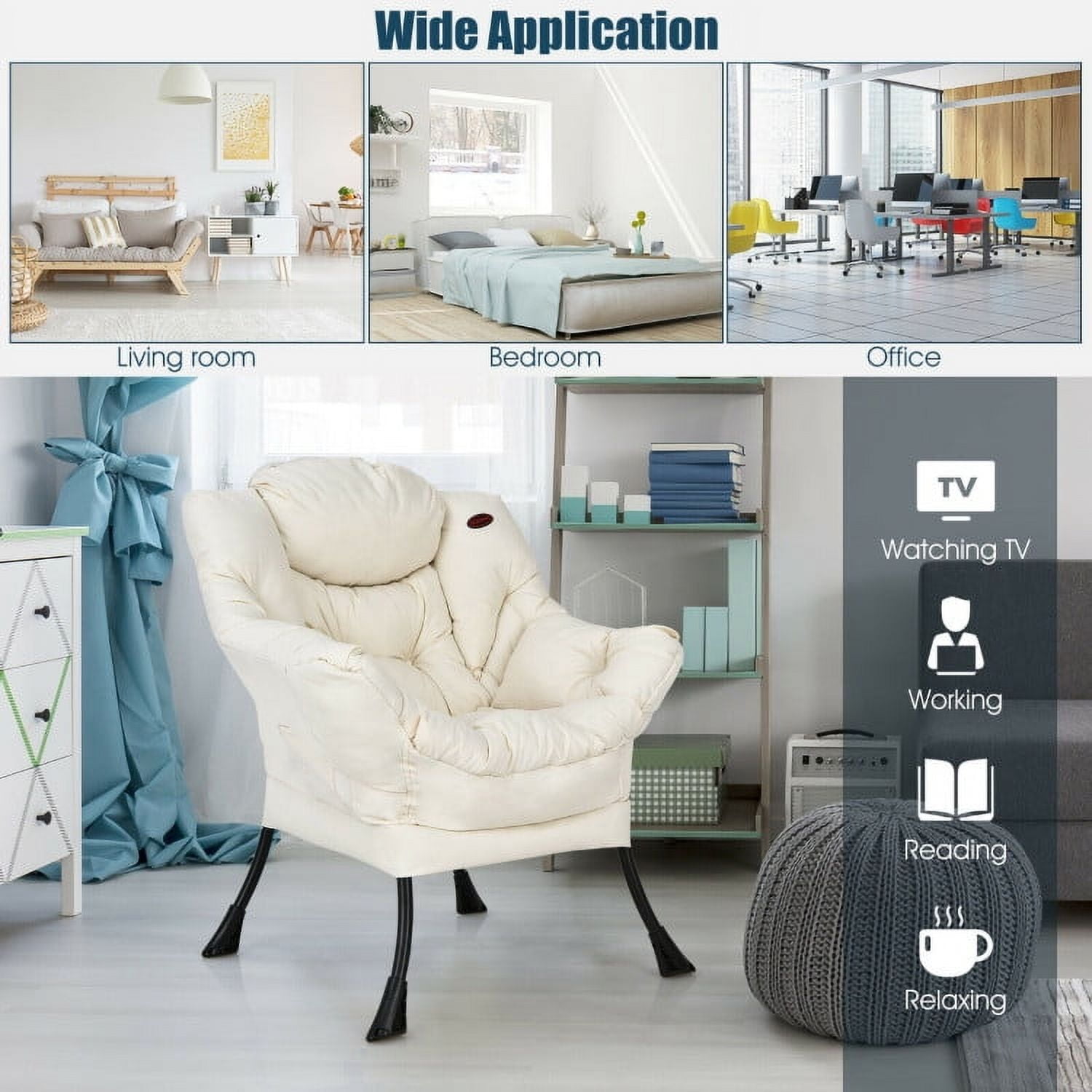 Demi Bonn Polyester Fabric Large Lazy Chair, Modern Accent Oversized Comfy Reading with Steel Frame and Side Pocket, for Living Room, Bedroom, Dorm, Beige