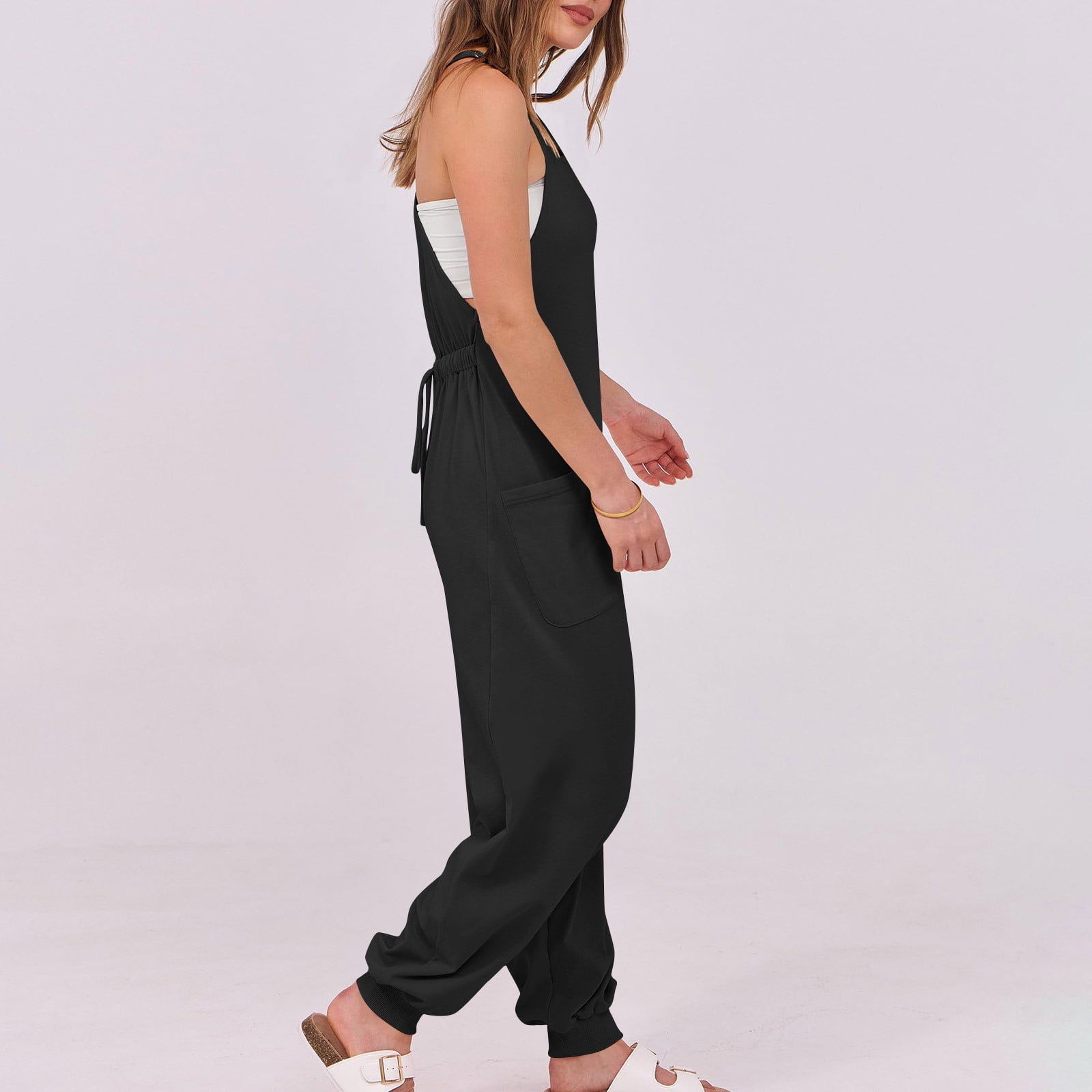 lcziwo One Piece Joggers Pants for Women 2025 Summer Sleeveless Straps Yoga Workout Jumpsuit Solid Casual Elastic Bottom Overalls with Pockets Lightning Sale