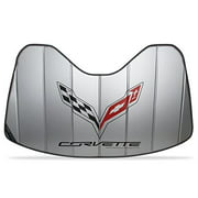C7 Stingray, Z51, Z06, Grand Sport Corvette Stingray Logo Accordion Style Sunshade - Insulated Silver with Flags