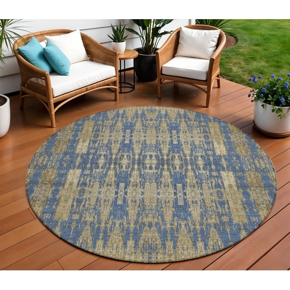 HomeRoots 577189 8 ft. Round Moroccan Washable Indoor & Outdoor Area Rug, Blue, Taupe & Beige