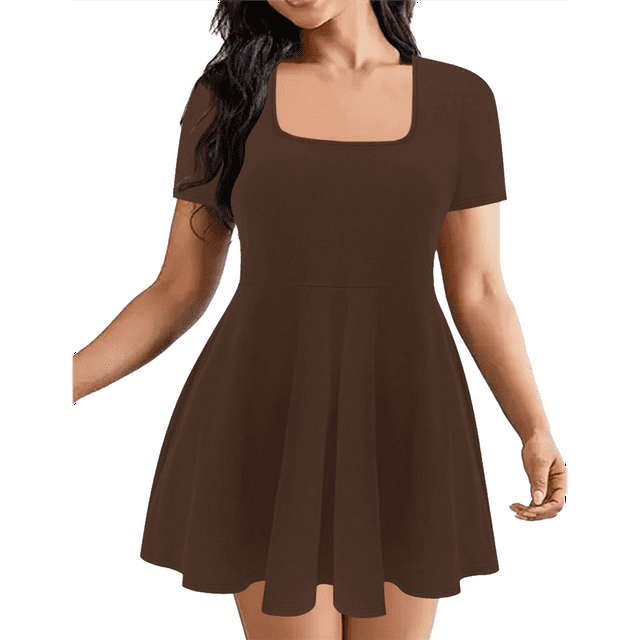 Robe Courte pour Femme à Encolure Carrée, Manches Courtes, Ourlet à Volants, avec Short Intégré, Brun, TTG