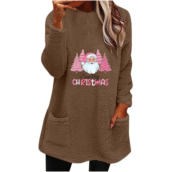 VALMASS Women Fashion Crewneck Tops Christmas Santa Long Sleeve Thick Sweatshirts Plus Size Double Side Velvet Tops (S, A Brown)