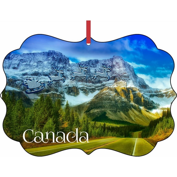 Santa Klaus and Sleigh Riding Over Banff National Park, Canada Elegant Aluminum SemiGloss Christmas Ornament Tree Decoration - Unique Modern Novelty Tree Décor Favors