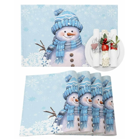 Light Blue Christmas Placemats Set of 1 Snowman with Cap Xmas Snowflake Heat Insulation Washable Place Mats, Rustic Non-Slip Table Mats for Dining Table Party Kitchen Decor,13x19 Inch