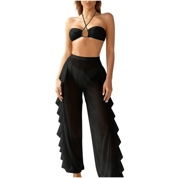 AINIYS Women's Two Piece Swim Set Bandeau Top High Waisted Pants Lightweight Material Beach Vacation Pool Day Casual Summer Leisure Wear Black L