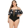 thumbnail image 5 of Plus Size Swimsuit for Women Tummy Control Beachwear Elegant Floral Print Stretchy Monokini Ruffle Patchwork Strap Swimwear V Neck Drawstring Swimdress Casual One Piece Bathing Suit, 5 of 9