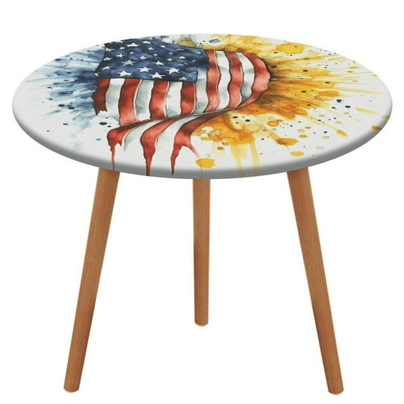 4th of July Round Fitted Tablecloth with Flannel Backing Elastic Table Cloth Waterproof Oil-Proof Plastic Table Cover Table Up 40"-54" Diameter)