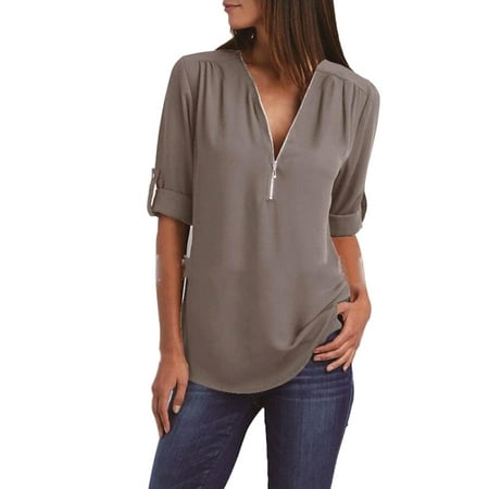 Tommyfit Women V-Neck Zipper Chiffon Loose Shirt Long Sleeve Plus Size Blouse