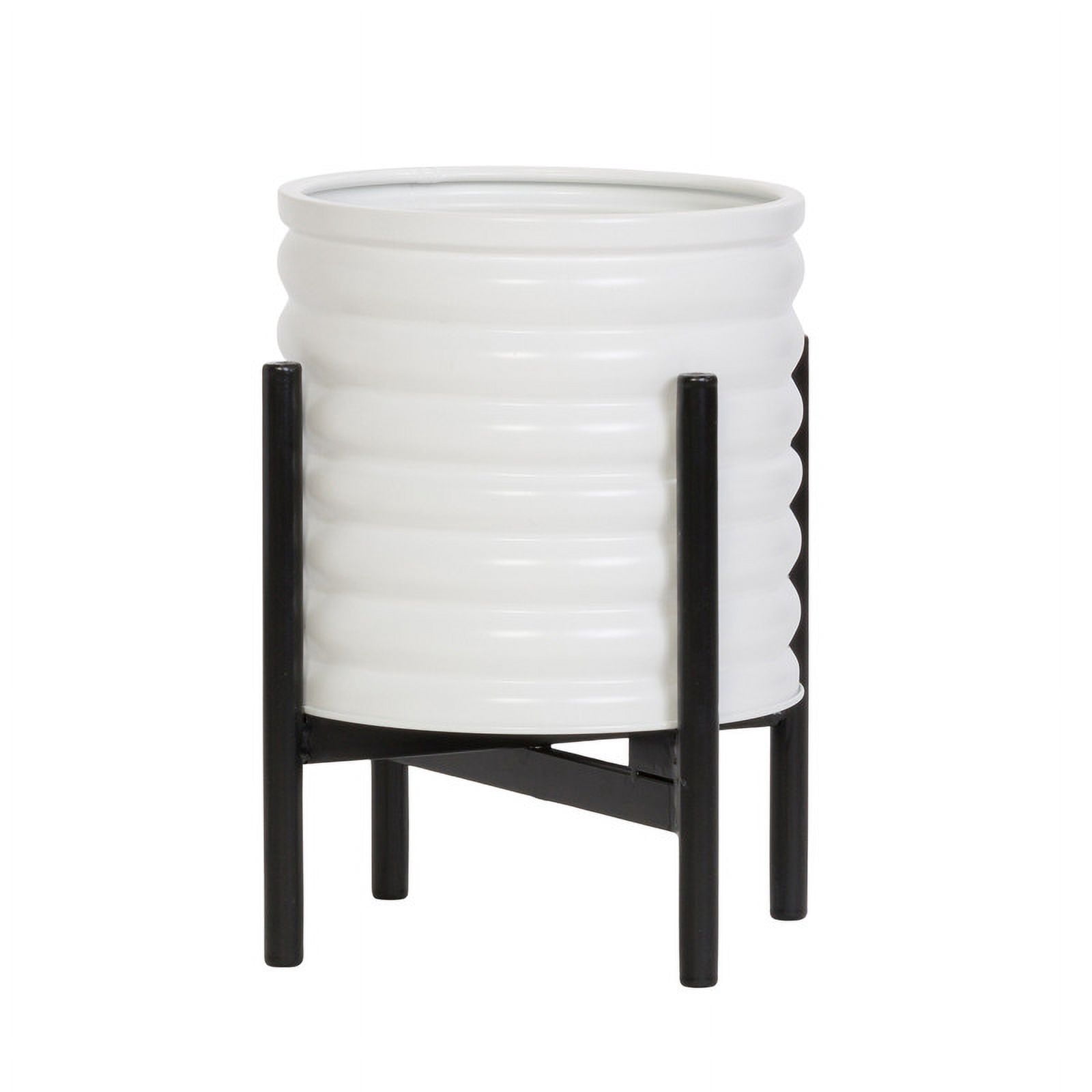 Ribbed Metal Planter Pot With 4-Leg Black Metal Base - White - 12"H x 9.5"W