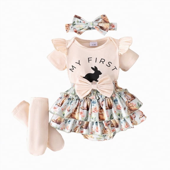 Kaprioy My First Easter Baby Girl Outfit Girls Clothes Bunny Ruffle Sleeve Romper Shorts Bow Hairband Stockings Set Cute Infant Girl Clothes