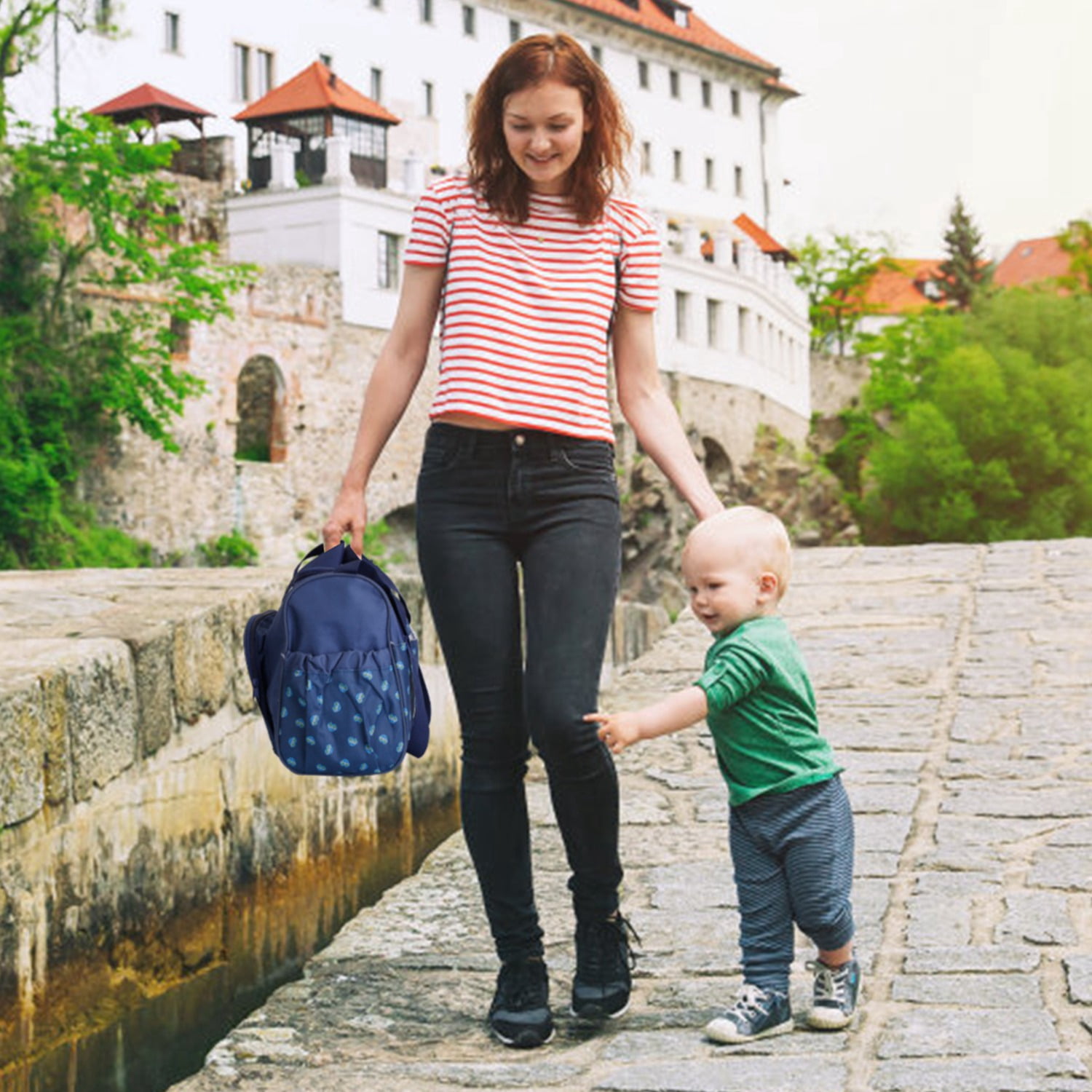 TeqHome 4Pcs Diaper Bag Tote Set with Napping Changing Pad Diaper Mummy Travel Bag Shoulder Bag Dark Blue
