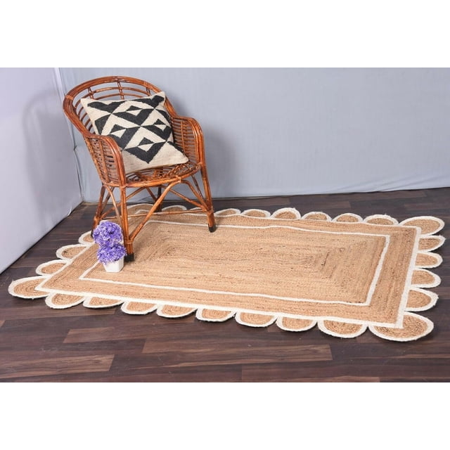 Indian Handmade Braided Natural Jute With white Color Jute Design Area Rugs , Scalloped Rugs , Home Décor Natural Jute Rugs & Carpet Size , 6 x 6 Feet ( 180 cm x 180 cm )Square