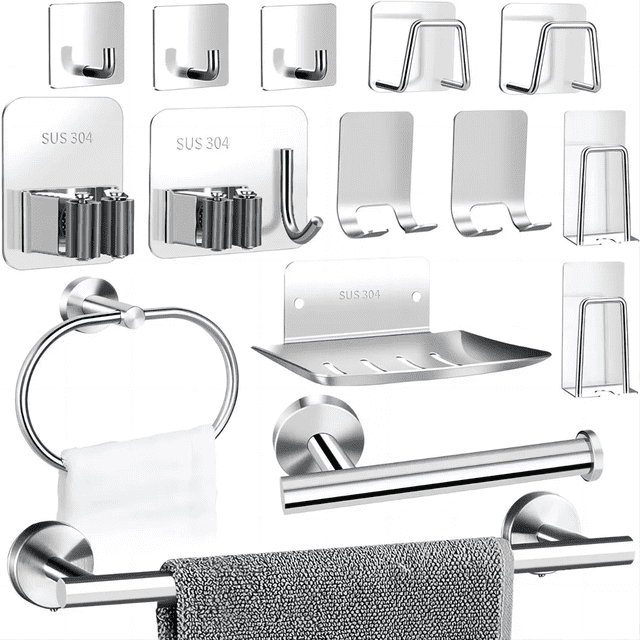 15 Pzs Juego Sets De Accesorios Para Baño Toallero Japonera Plata