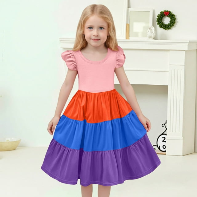 Robes Filles Été Robe Ligne A Manches Volantes Élégante Bloc de Couleur Mode Décontractée pour Activités Extérieures Âges 6-15