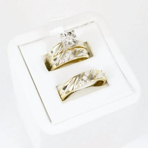 TAAPSEE JEWELS Round Cut CZ His & Her Trio Ring Set 14K Yellow Gold Plated 3CT