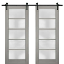 Sturdy Double Barn Door 64 x 84 inches with Frosted Glass | Quadro 4002 Grey Ash | Top Mount 13FT Rail Hangers Heavy Set | Solid Panel Interior Doors