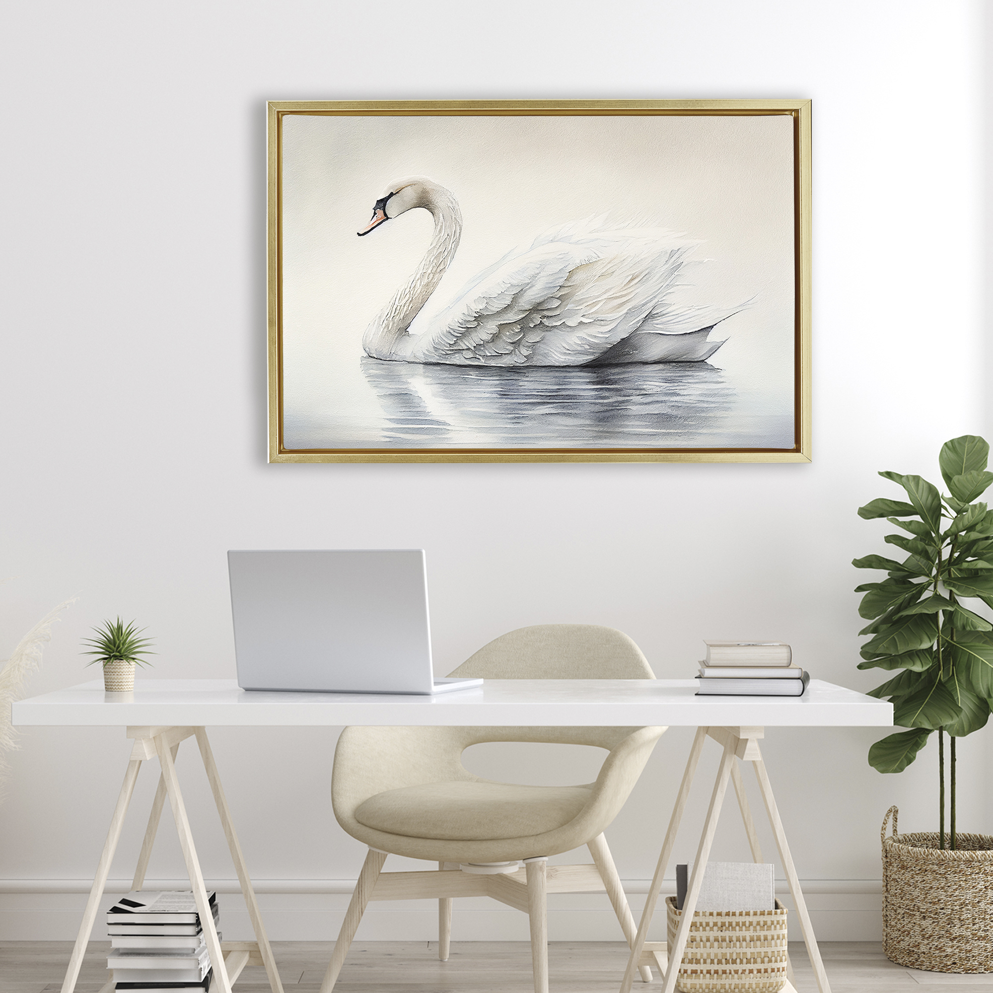 Elegant Floating Swan Gold Framed Floater Canvas Wall Art, design by Sasha