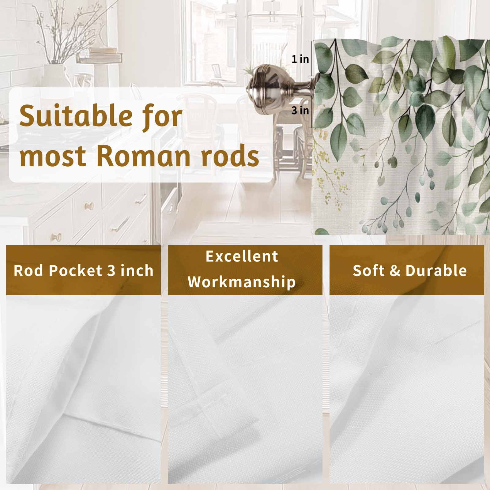 2 Pack Eucalyptus Leaf Valance for Window Country Plant Linen Texture Kitchen Valance Rod Pocket Short Curtain Topper Decorative Window Treatment for Living Room Bedroom 42"x18"