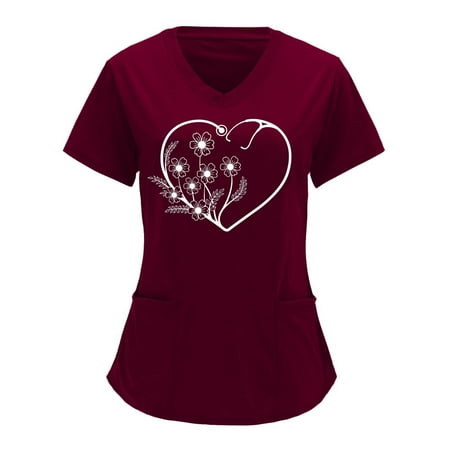 

Funicet Plus Size Tops for Women Scrubs Tops Plus Size Working Uniform With Pockets Short Sleeve V-neck Nursing Uniform Cute Printed Blouse