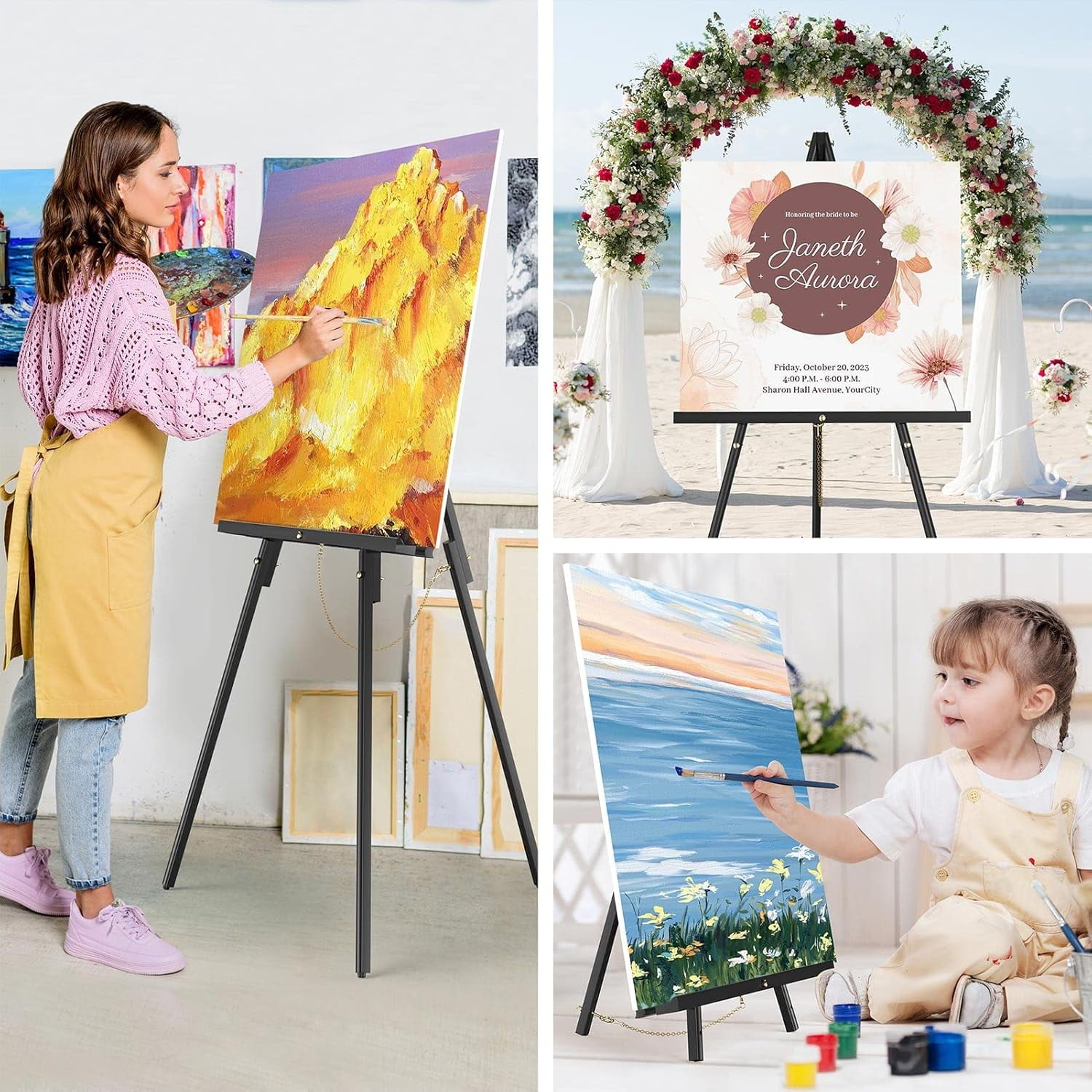 Wooden Art Easel Stand - 63" Portable Tripod Wood Artist Easel - Adjustable Floor Poster Stand for Painting, Display Show, Wedding - Black