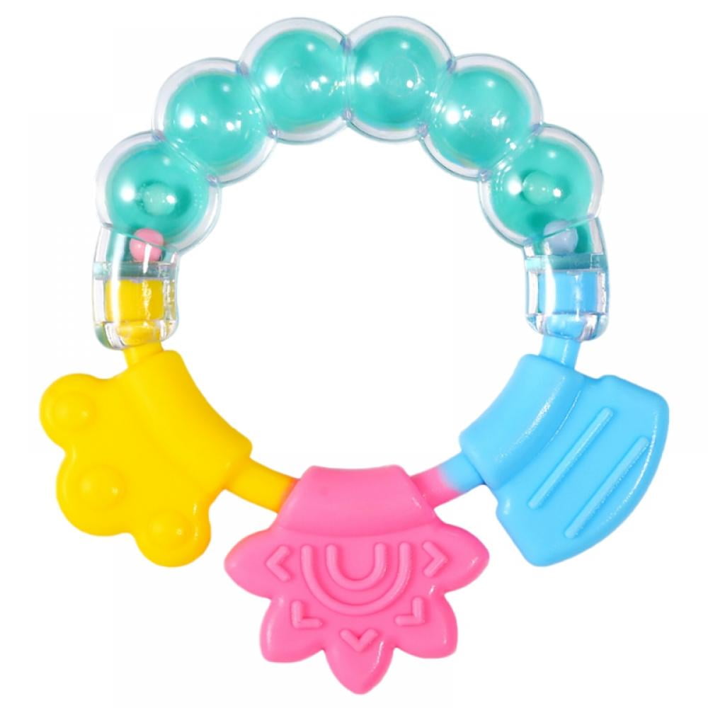 Baby Silicone Teether with Rattle, Silicone Rings and Raised Texture to Soothe Gums, Develop