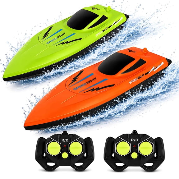 2 Pack Remote Control Boats for Kids, 2.4GHz Speed Boat Racing Set with Dual Motors and 2 Controllers for Pools, Ponds and Calm Lakes, Ages 6