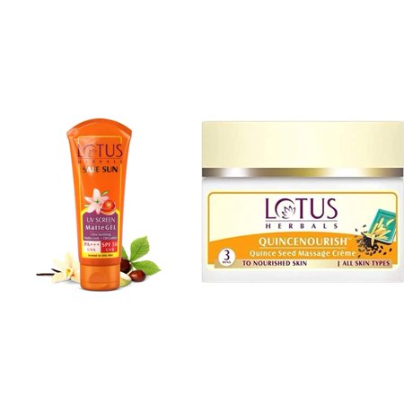 Lotus Herbals Safe Sun UV Screen Matte Gel, SPF 50, 100g And Lotus Herbals Quincenourish Quince Seed Nourishment Massage Cream, 50g