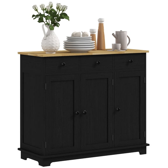 HOMCOM Sideboard with Solid Wood Countertop Modern Kitchen Storage Cabinet Coffee Bar Cabinet with 3 Drawers Doors and Adjustable Shelf Distressed Black