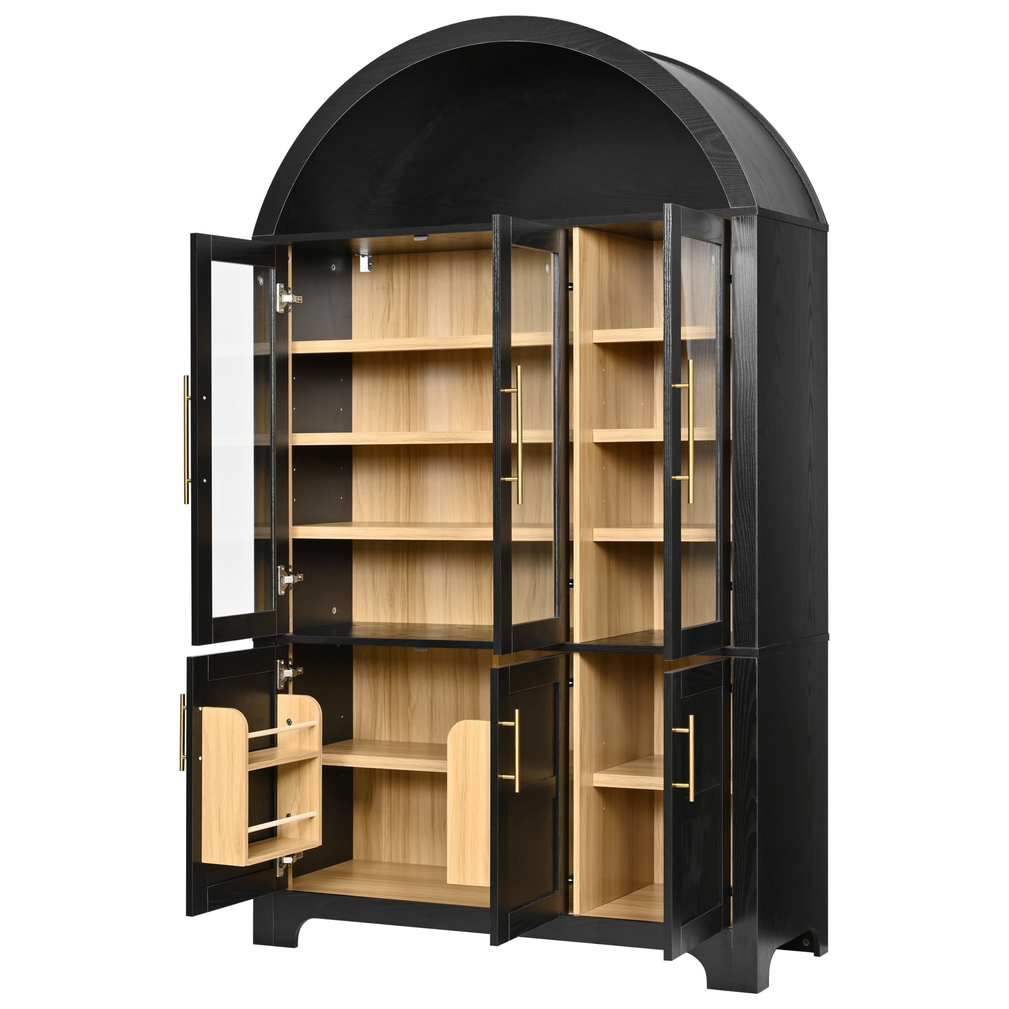 Euroco 73" Tall Arched Kitchen Pantry Cabinet,Farmhouse Wood Kitchen Storage Cabinet with 3 Glass Doors,Door Shelves & Adjustable Shelves,Freestanding Pantry Cupboard for Kitchen Bathroom,Black