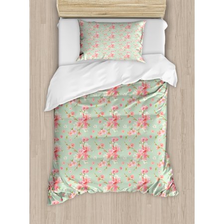 - Shabby Chic Duvet Cover Set, Retro Spring Blossom Flowers with French Garden Florets Garland Artisan Image, Decorative Bedding Set with Pillow Shams, Mint Pink, by Ambesonne