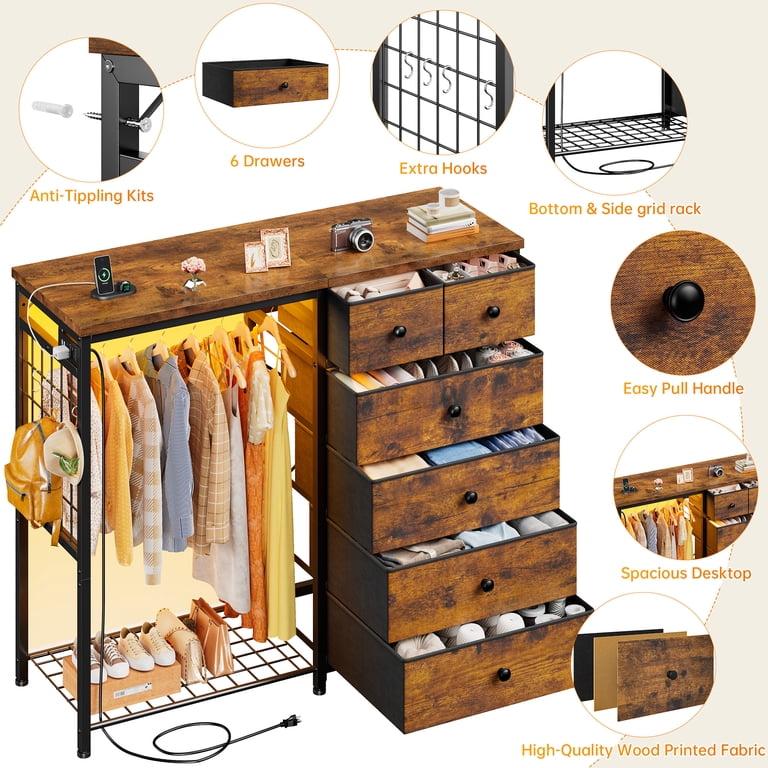 modern dresser pocket camp EnHomee Modern Bedroom Dresser with Clothes Rack, 6 Fabric Drawers, LED Lights, Charging Station & Side Storage, Rustic Brown