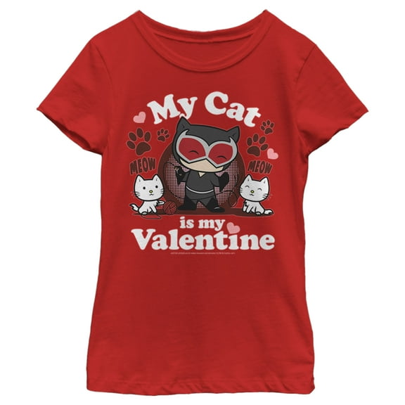 Girl's Batman Catwoman My Cat is My Valentine  Graphic Tee Red X Large