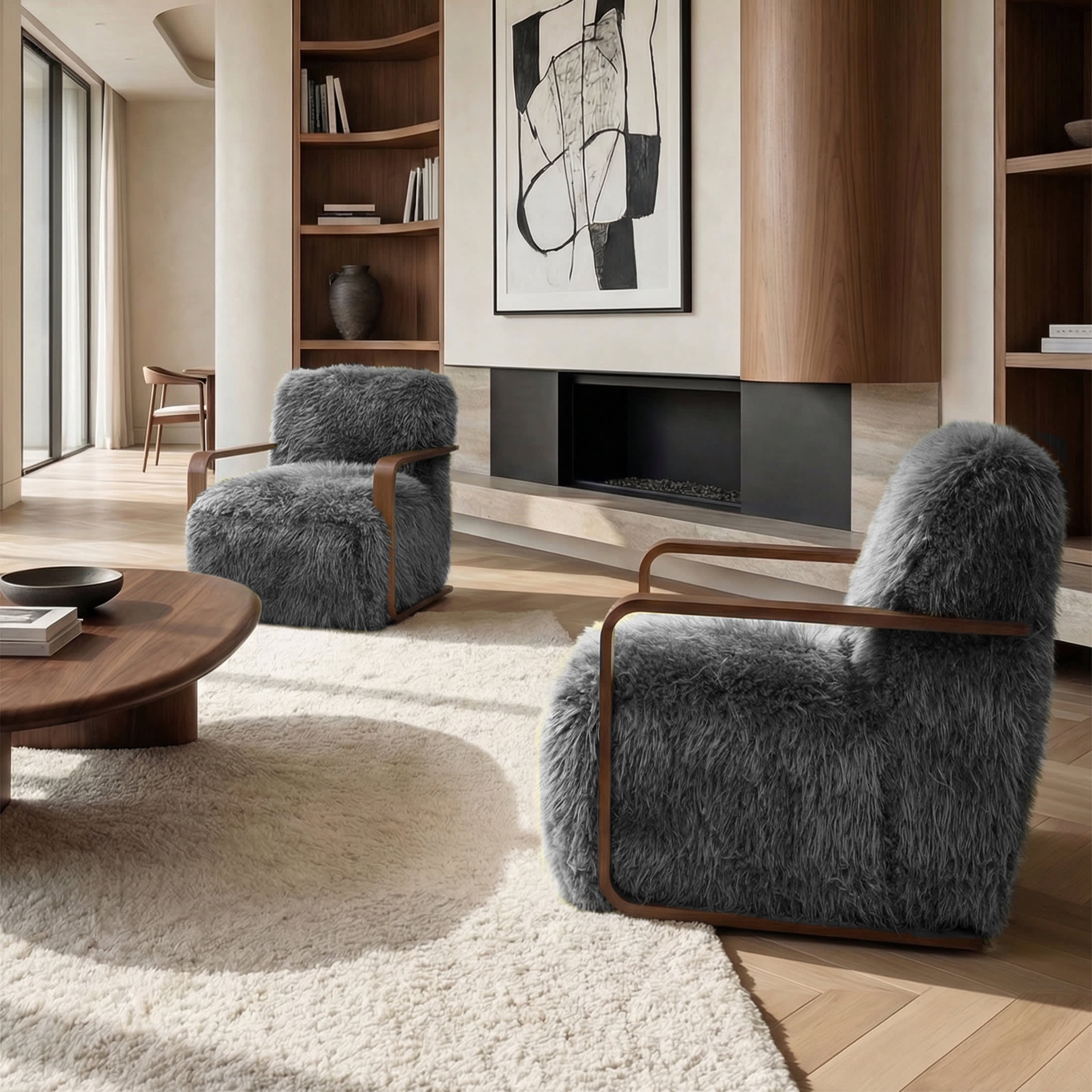 Aenkyo Yeti Contemporary Faux Fur Accent Chair with Dark Walnut Wood Arms, Gray
