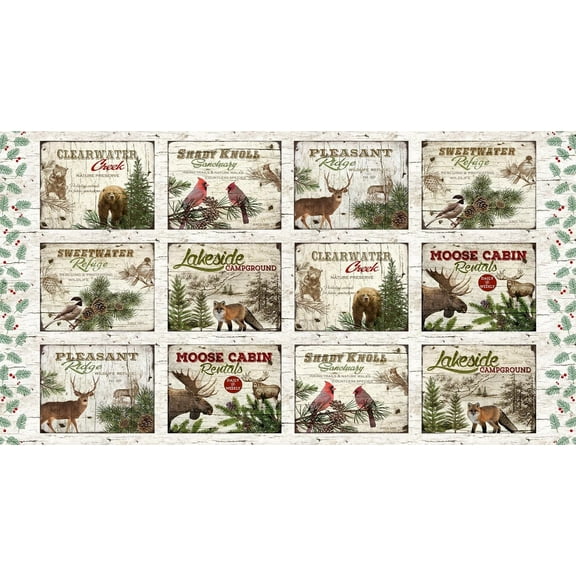 24" X 44" Panel Moose Lodge Northwoods Woodland Animals Cabin Cotton Fabric Panel (6615-44)