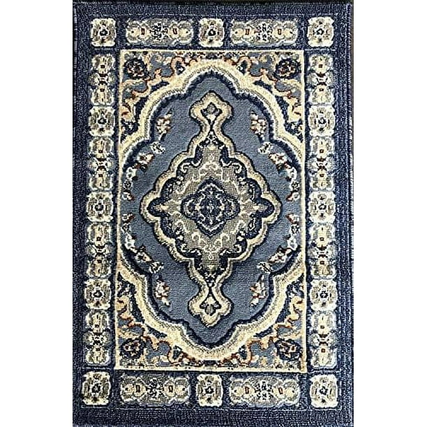 Traditional Oriental Door Mat Persian Rug Light Blue Navy Gray Brown