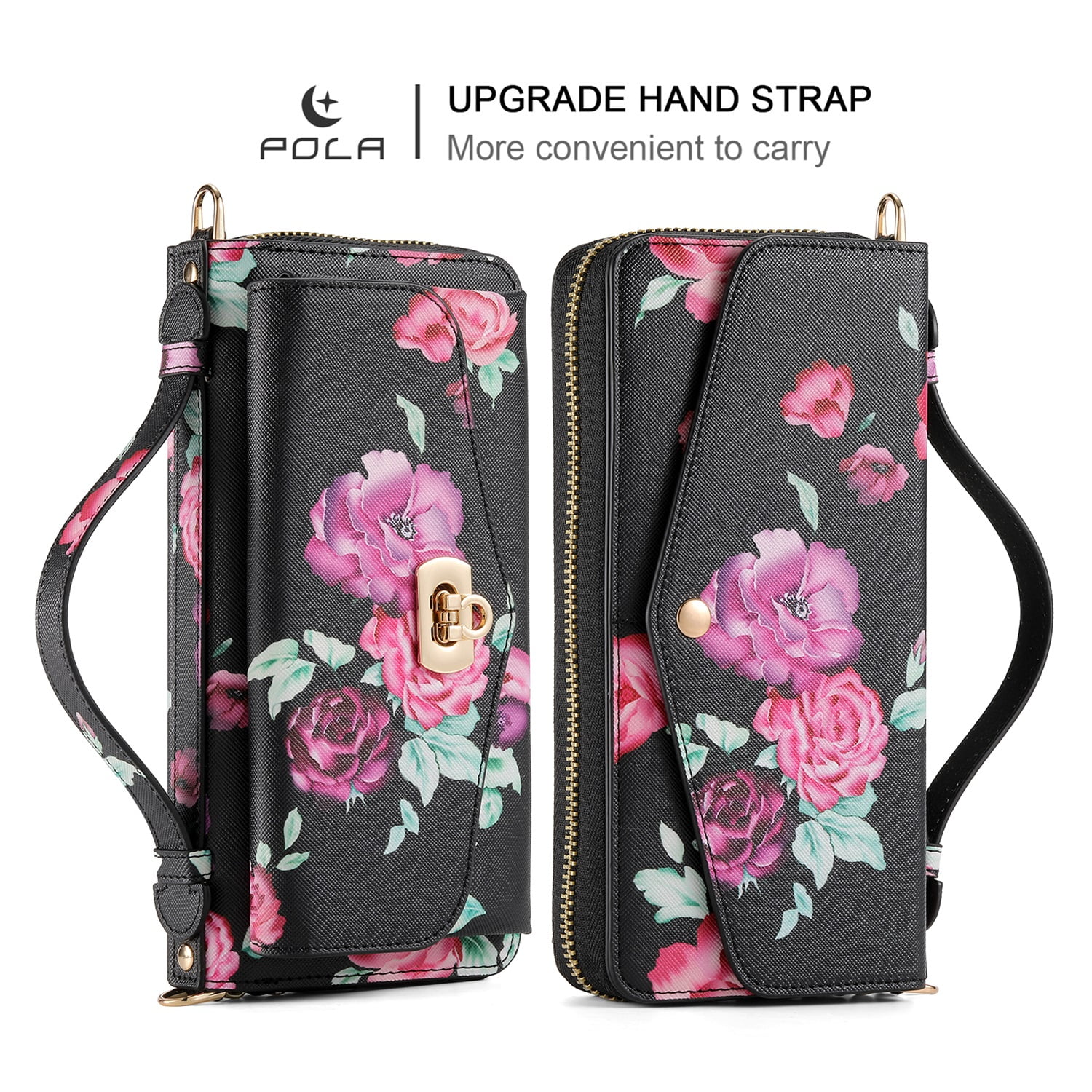 SaniMore Magnetic Detachable Wallet Case for iPhone 13 Pro Max, Flower Pattern RFID Blocking Cover Support Wireless Charging Card Slot Shoulder & Wrist Strap 360° Full Protective Shell, Black