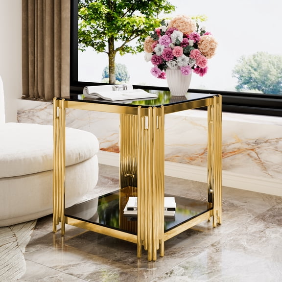 Oufan Luxury End Table, Tempered Glass Side Table with Lower Shelf & Asymmetrical Metal Frame, Square Sofa Table, Occasional Table for Living Room