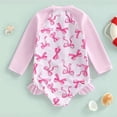 thumbnail image 3 of Girls Long Sleeve Rash Guard One Piece Swimsuit, Pink Bow Print with Ruffle Hem, UPF 50+ Front Zip Bathing Suit for Beach Pool(Pink,0-3 Months), 3 of 6