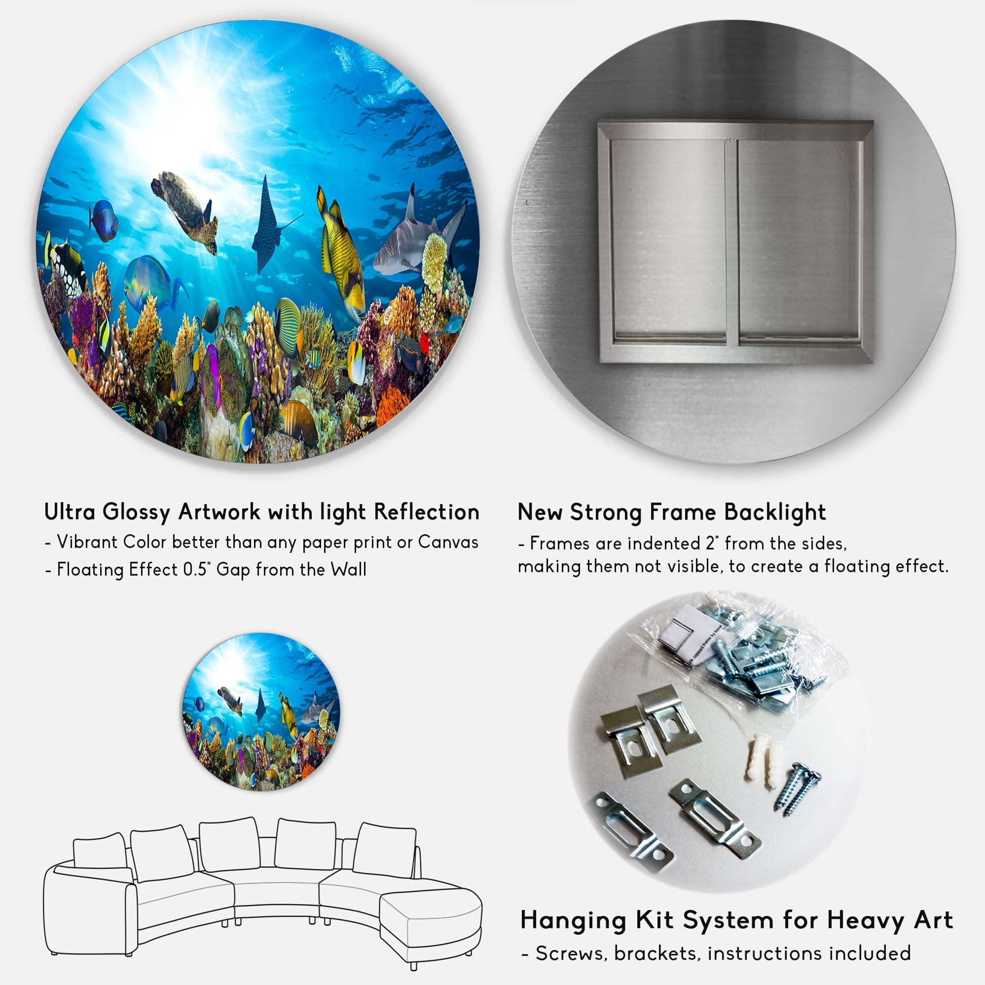 Designart 'Colorful Coral Reef with Fishes' Disc Seascape Circle Metal Wall Art
