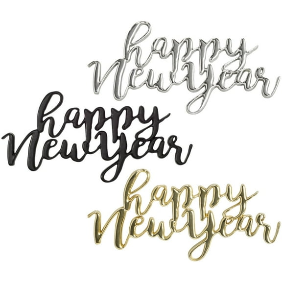 CakeDrake Happy New Year Cake Decoration Layon Set, 3-Piece Gold Silver Black Script Toppers for Cakes and Desserts