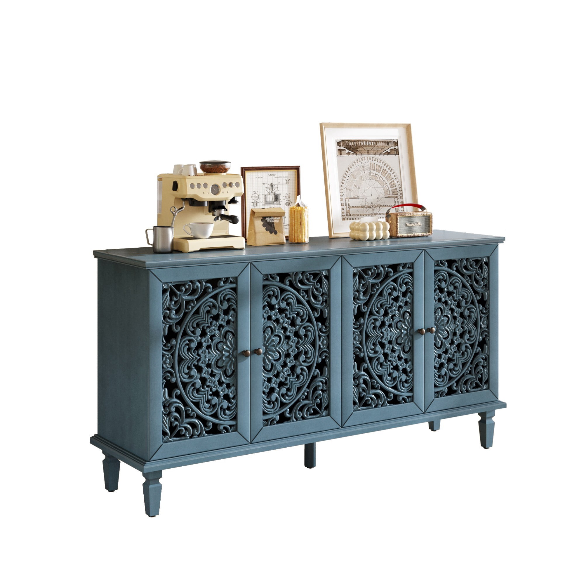 60" Antique Buffet Cabinet with Floral Carved Doors, TV Stand for 65 Inch TV, Sideboard Cabinet with Adjustable Shelves, Antique Blue