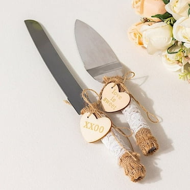 BalsaCircle Silver Wedding Cake Knife and Server Set Natural Jute Lace Handles Party Events
