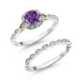 thumbnail image 2 of 925 Sterling Silver and 10K Yellow Gold Purple Amethyst and White Lab Grown Diamond Bridal Ring Set for Women (0.67 Cttw, 5MM Cushion Cut, Gemstone Birthstone, Available in Size 5,6,7,8,9), 2 of 5