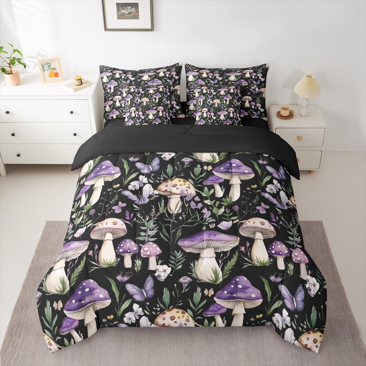 Homewish Rustic Mushroom 7pcs Bedding Comforter Set,Country Farmhouse Lodge Queen Bedding Sets,Purple Butterflies Queen Sheet Sets For Girl,Microfiber Bedroom Decor Reversible